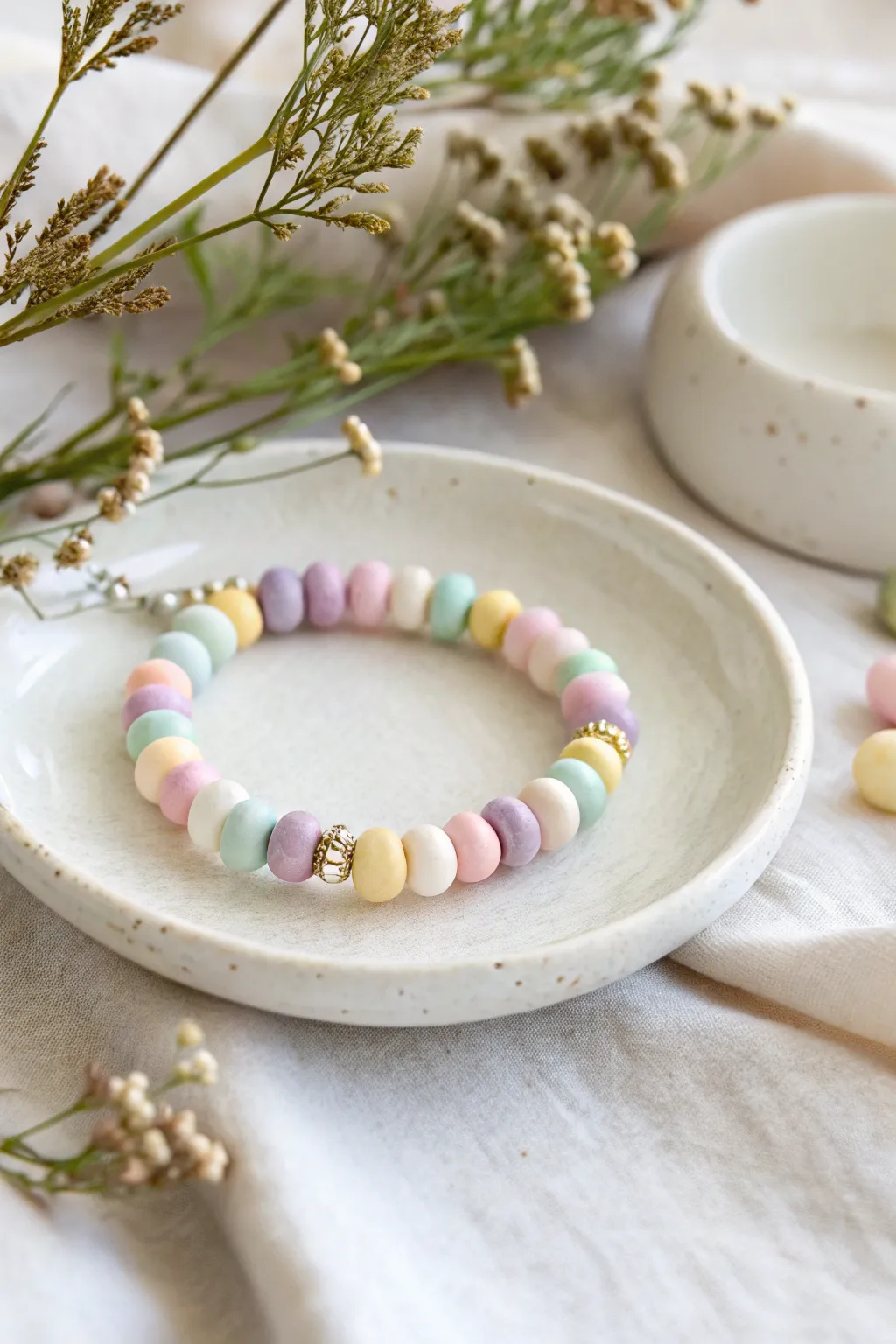 Soft pastel clay bead birthday bracelet on a white ceramic dish, simple and gift ready