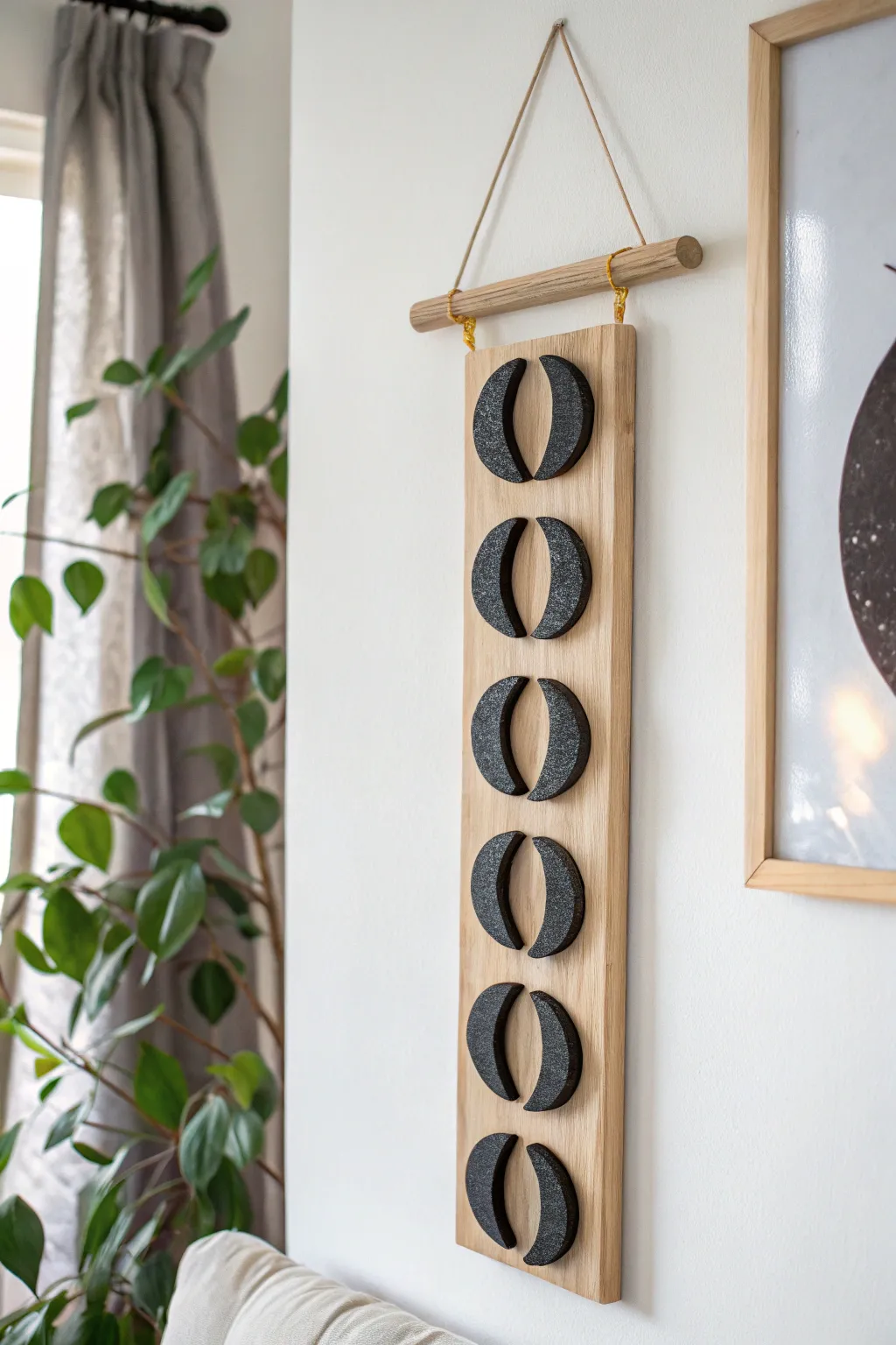 Matte black air dry clay moon phase wall hanging, minimalist and calming with boho warmth.