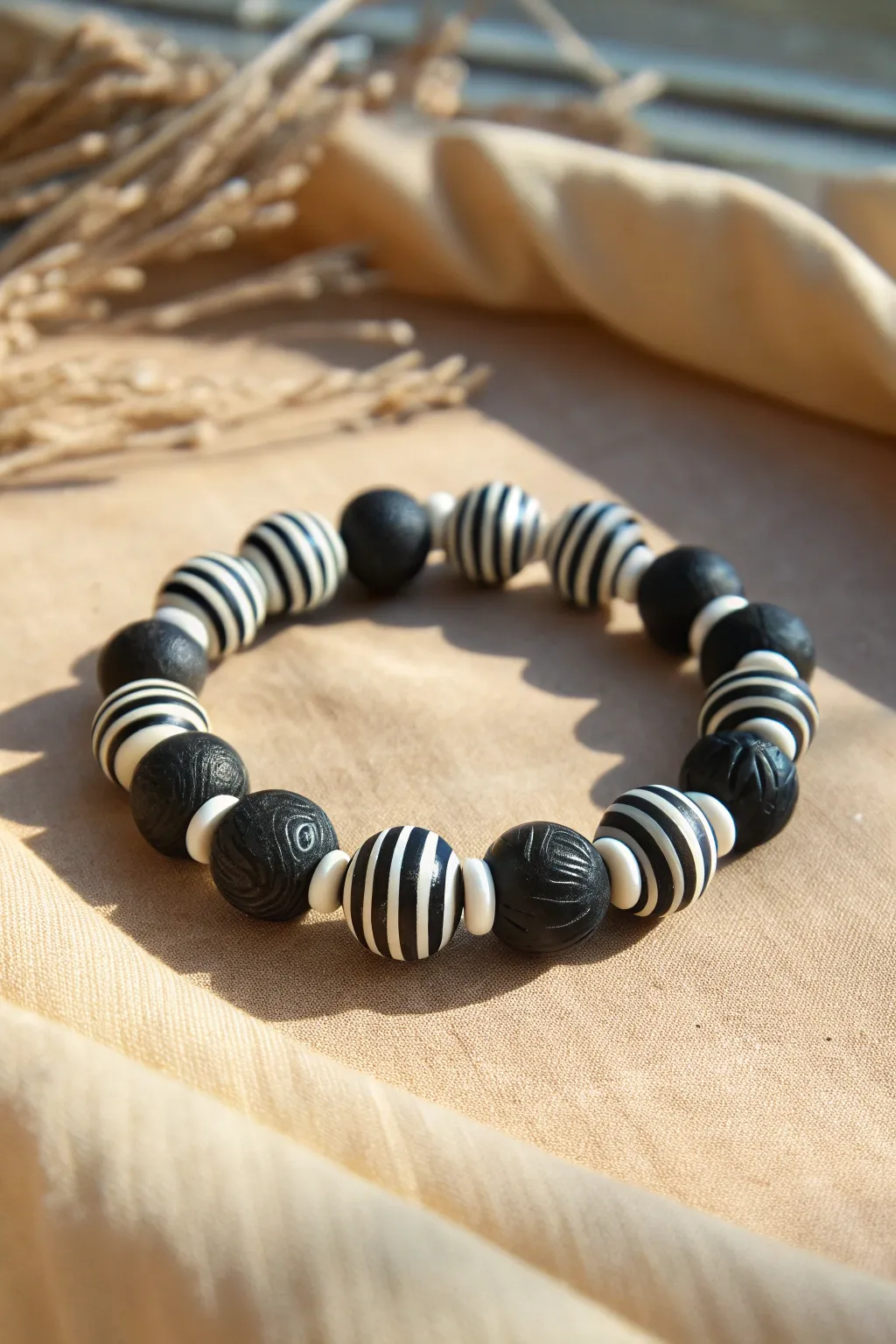 Wide and thin stripes bring bold contrast to a simple black and white clay bead bracelet.