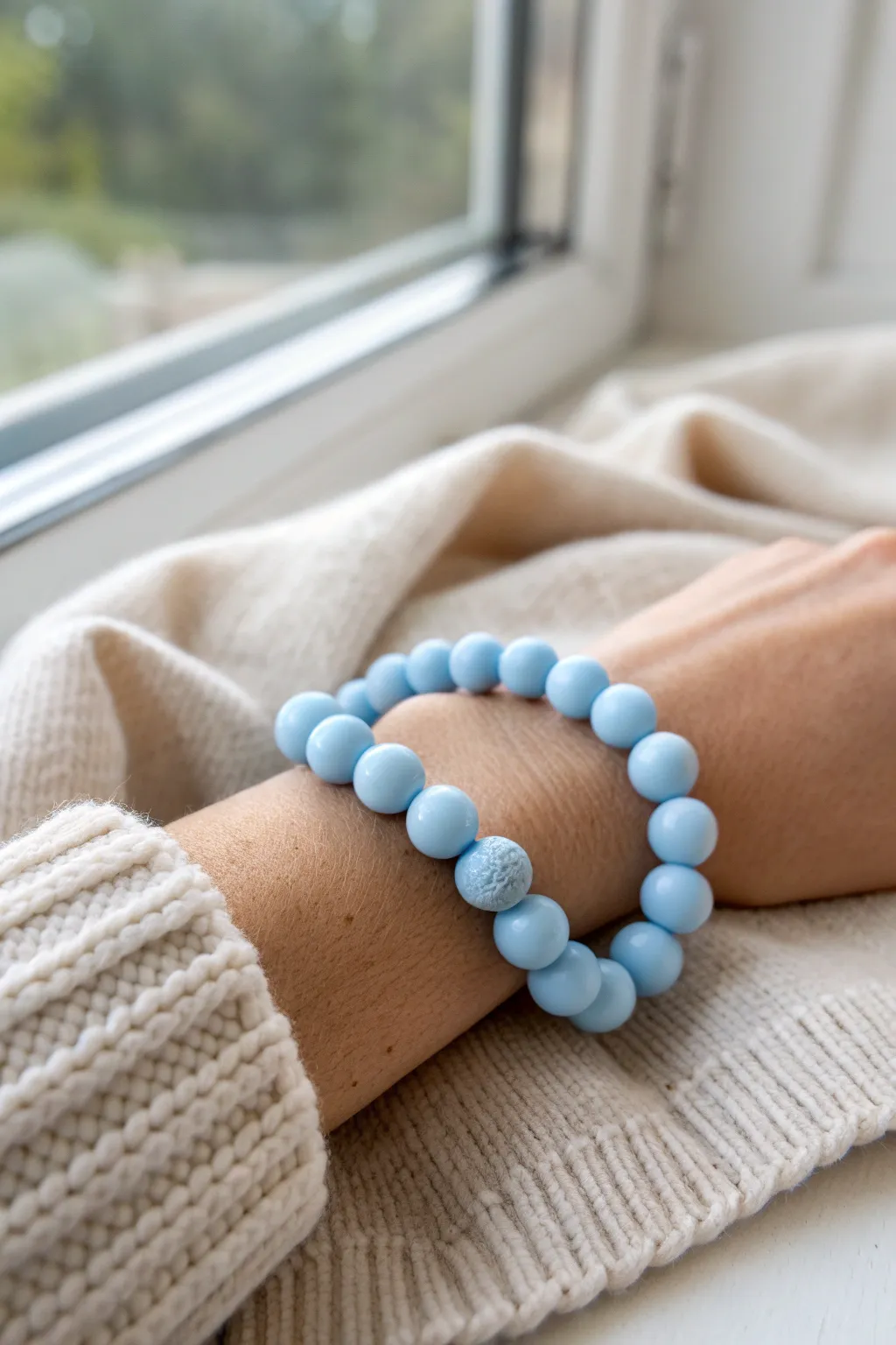 Sky-blue clay bead bracelet in a clean single strand style, softly lit on a neutral wrist shot
