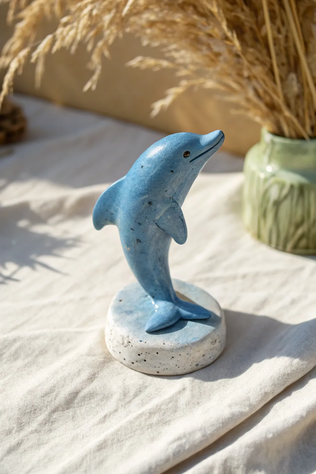 Mini blue dolphin buddy: a beginner-friendly clay charm in a calm Scandinavian, boho setup.