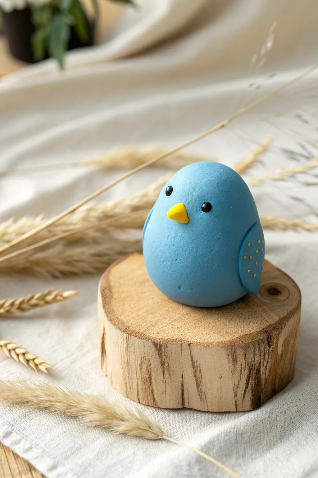 Round blue polymer clay bird with a sunny yellow beak, perched on wood in soft minimalist light