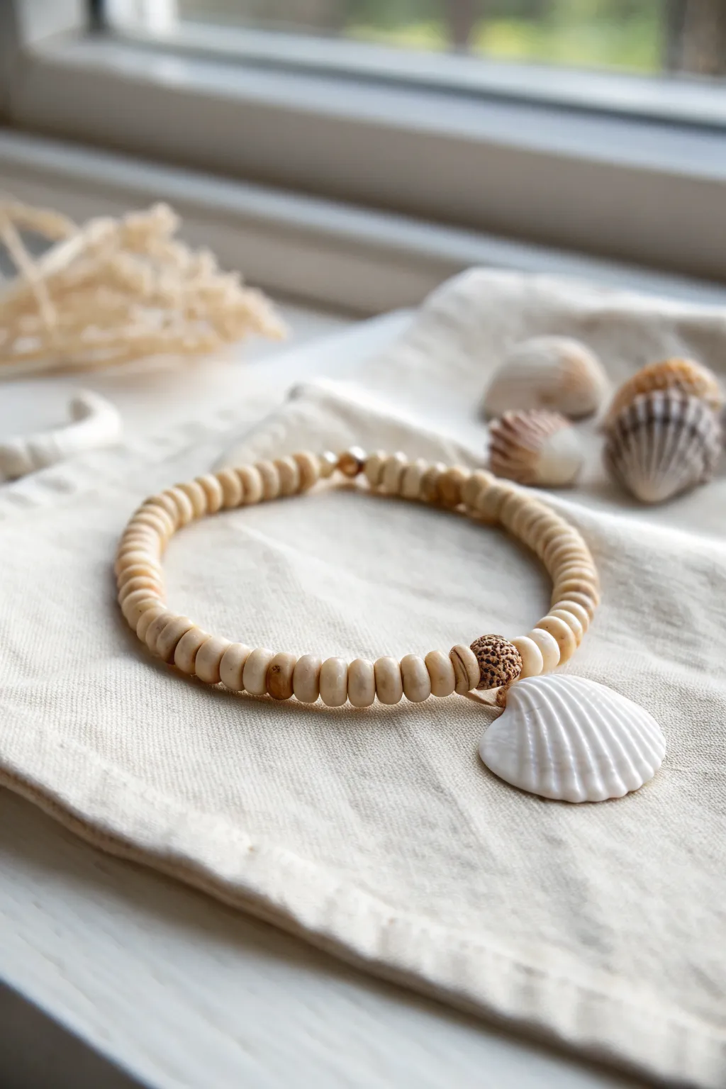 Shell-centered clay disc bead bracelet on linen, Scandinavian minimal beach boho with soft shadows.