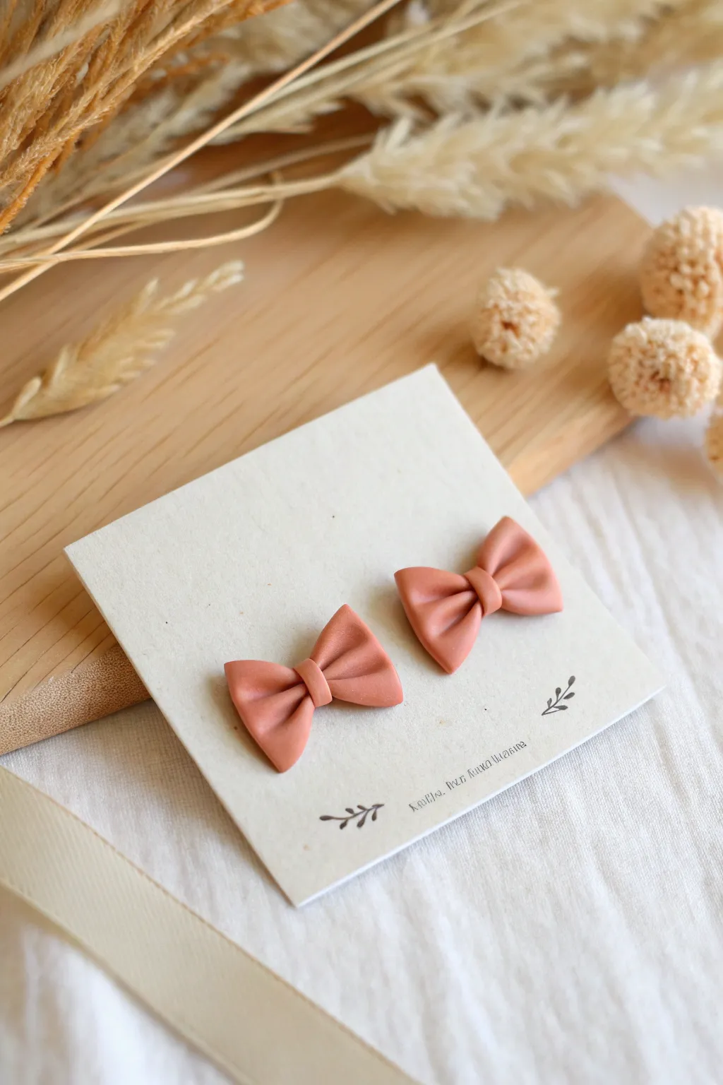 Petite clay bow stud earrings on a clean card, minimalist and sweet with handcrafted charm.