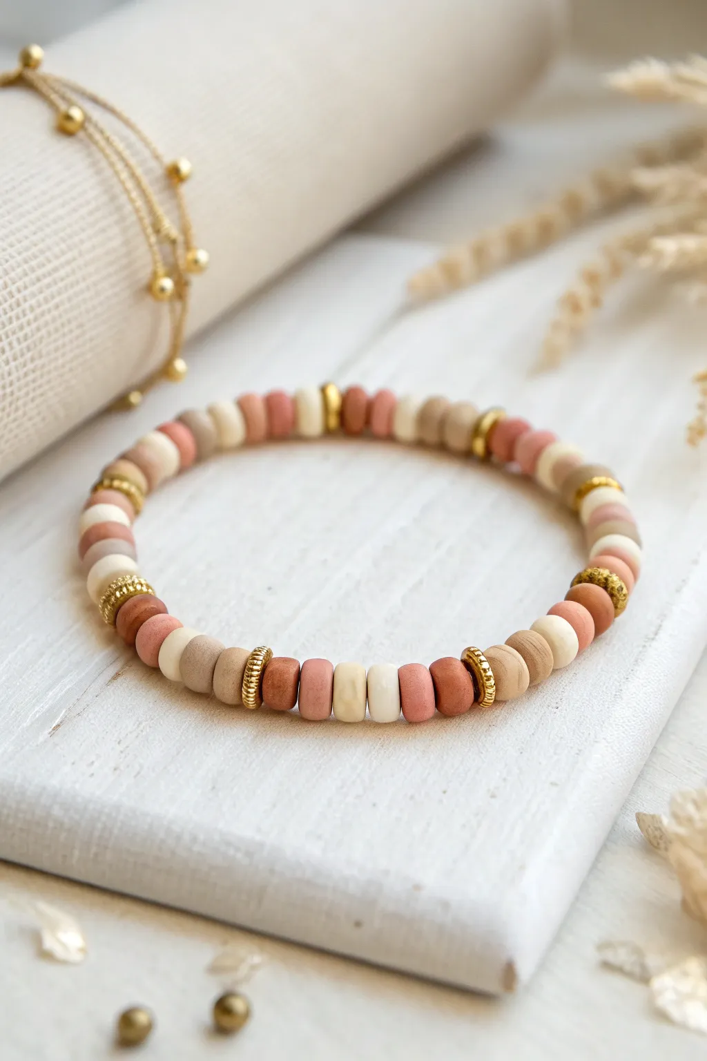 Striped clay bead bracelet with tiny metal spacers, styled simply for a chic minimalist look