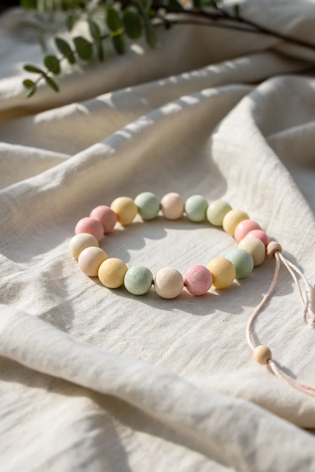 Soft pastel ombre clay bead bracelet in a dreamy gradient, styled on cream linen