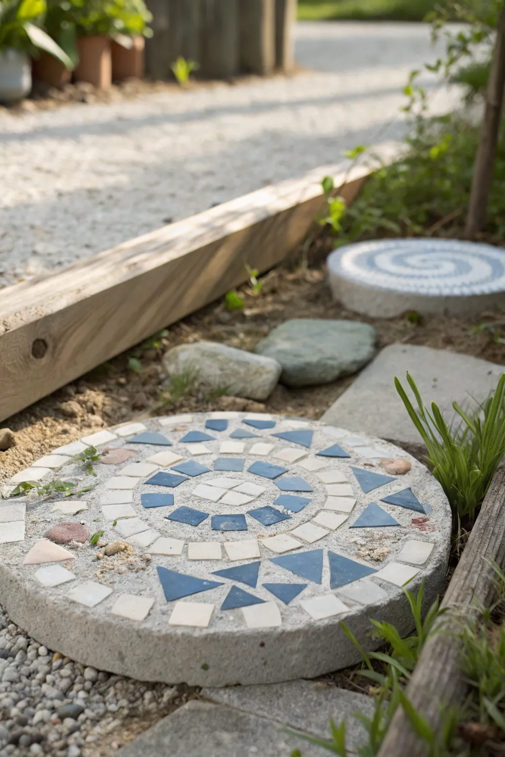 Spiral broken china mosaic stepping stone adds calm Scandinavian charm to your garden path.
