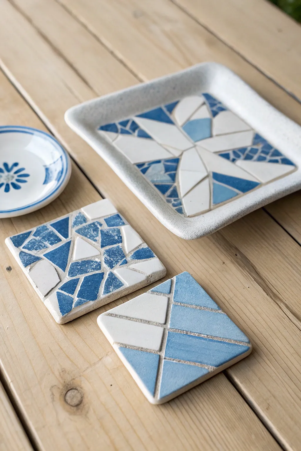 Blue-and-white plate shard mosaics turned into chic coasters and a trivet for everyday tables