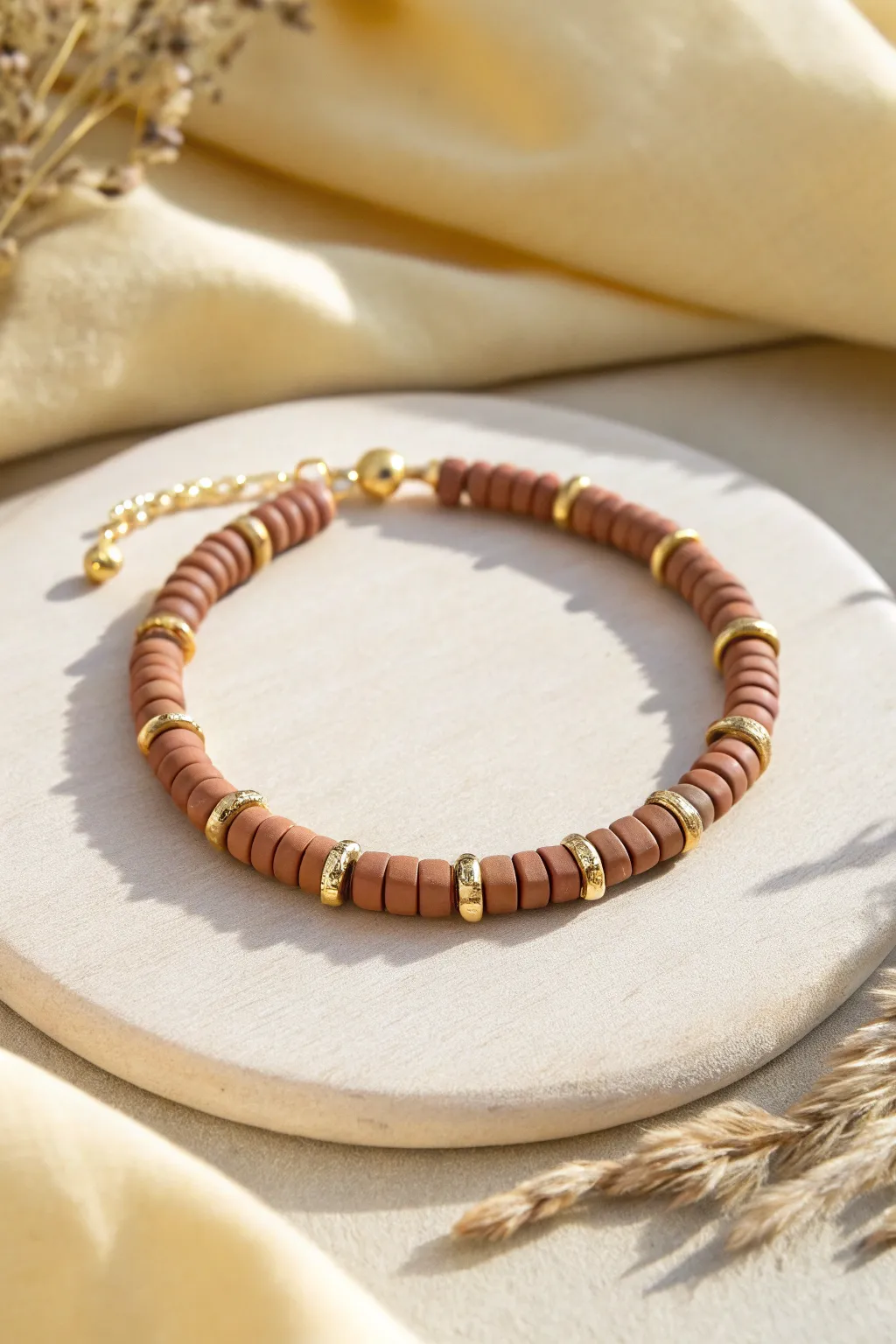 Medium-brown heishi bracelet with tiny gold spacer pops, clean minimalist styling and bright contrast