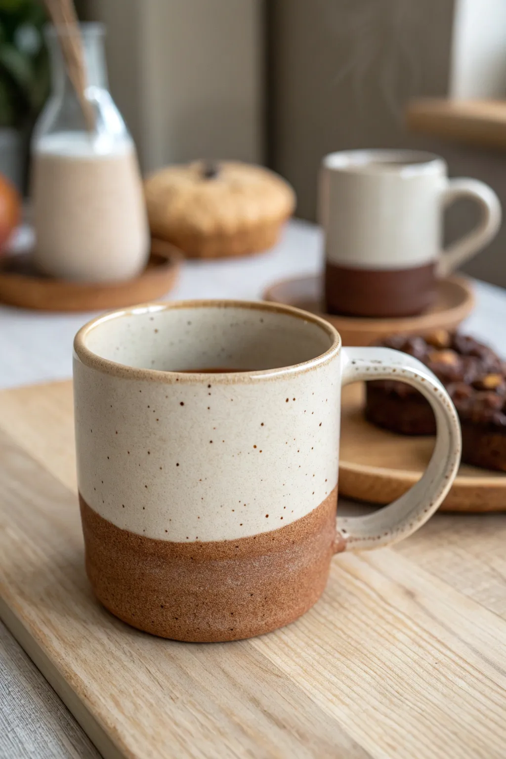 Two-tone dip-glaze mug: raw brown clay base and creamy off-white top in cozy minimal styling.