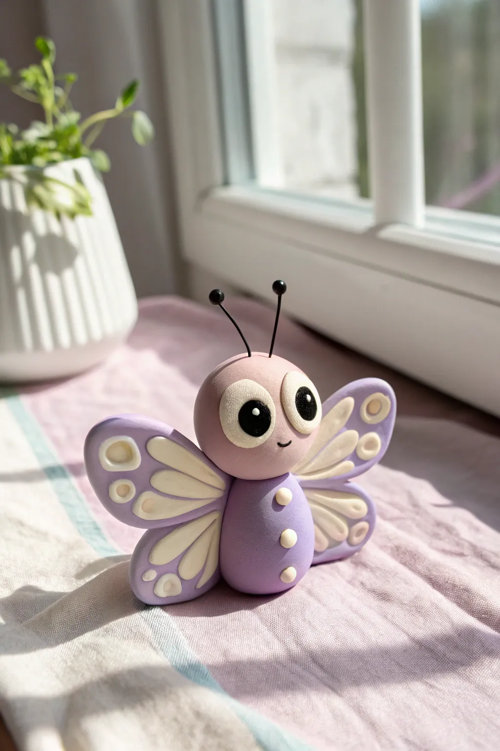 Palm sized butterfly clay cutie with big eyes, minimalist pastel styling and cozy boho charm.