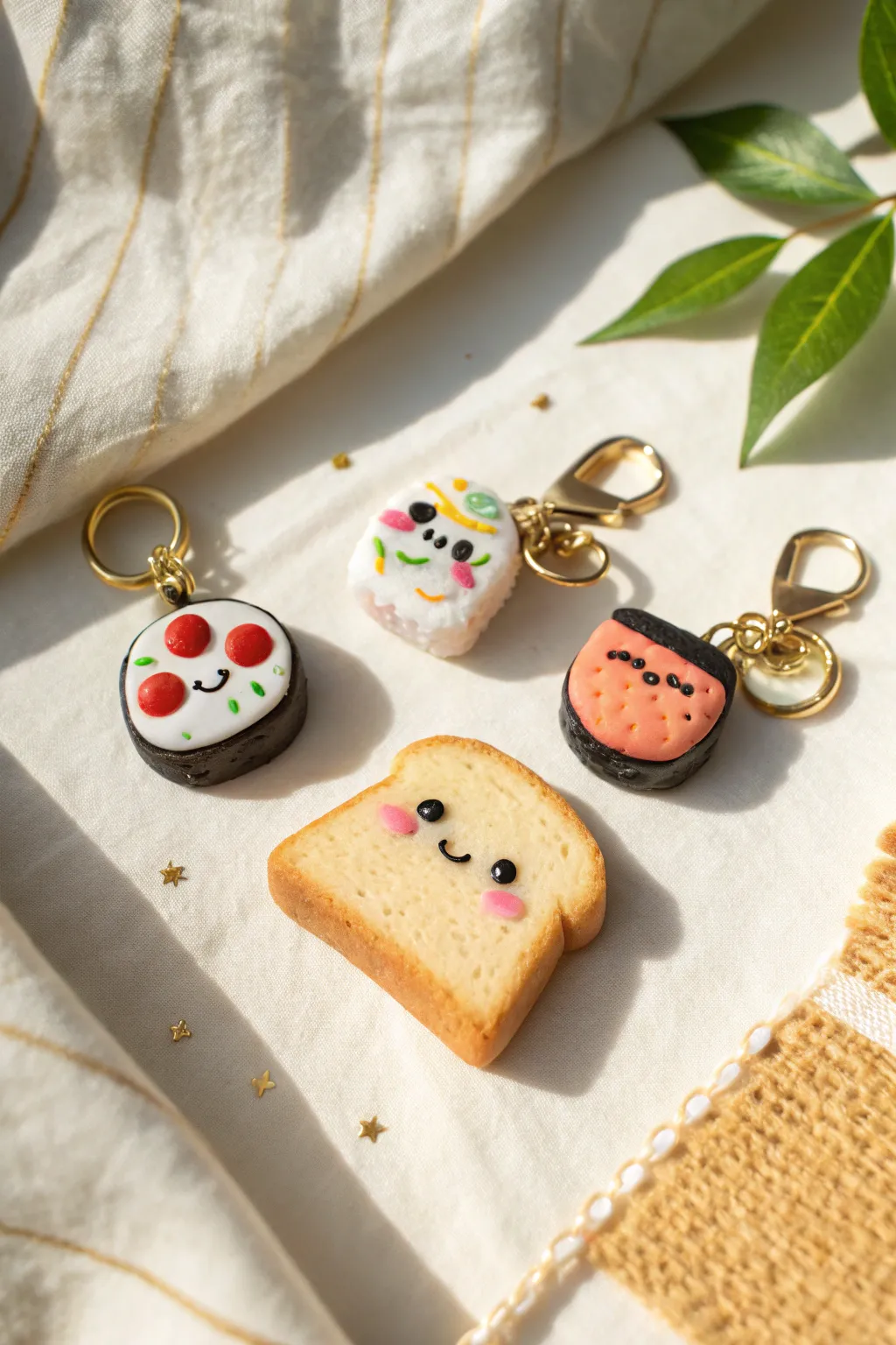 Adorable smiling clay snack charms, minimal and boho-cute, perfectly styled for a clean aesthetic