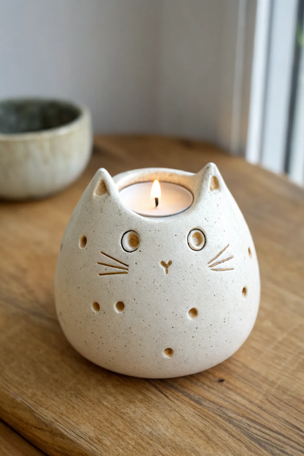 Chubby cat pinch pot tea light holder with soft glow cutouts and calm neutral glaze.