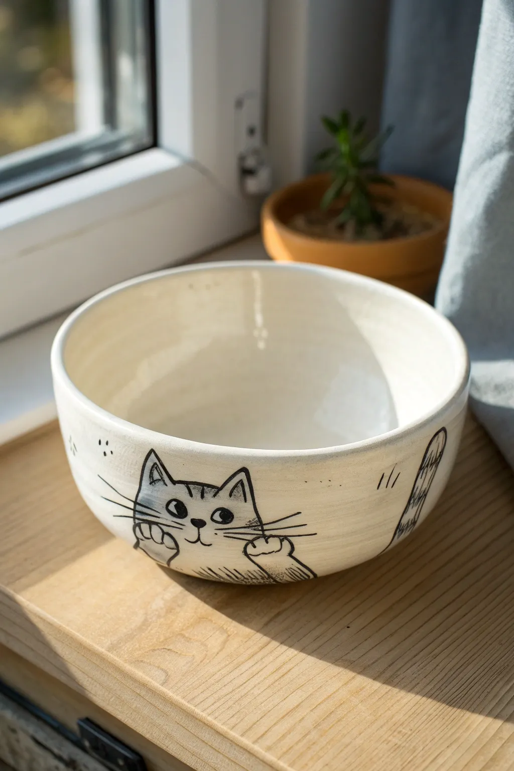 Minimalist bowl with a peeking cat painted on the rim ledge, cozy Scandinavian boho charm