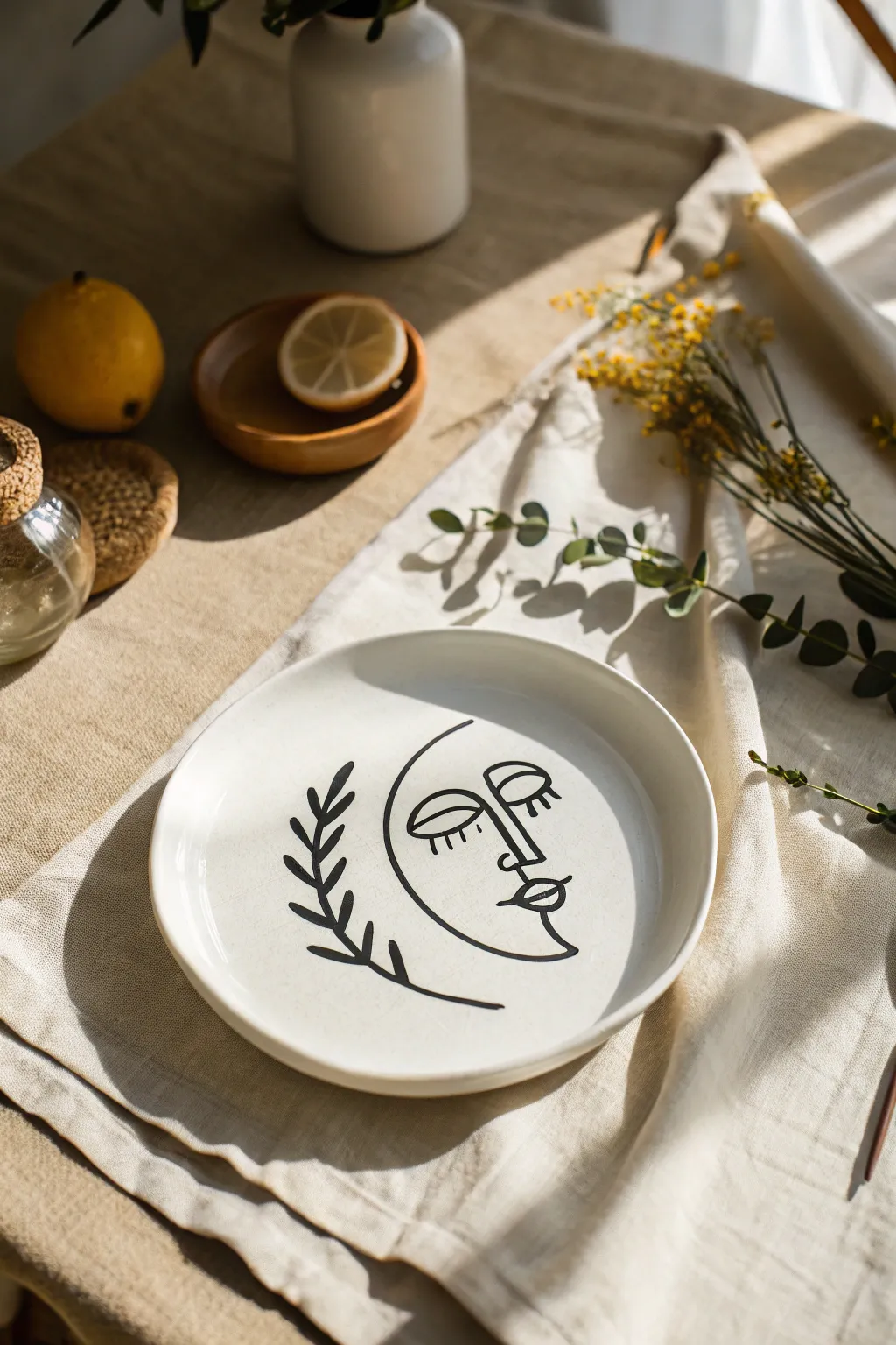 Minimal line-art ceramic plate idea: bold black lines on soft white, calm and modern