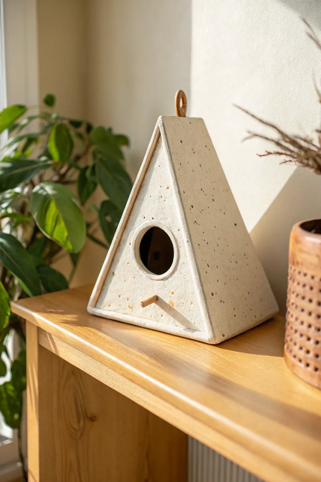 Simple A-frame ceramic birdhouse with clean lines and a cozy entry hole, Scandinavian calm.