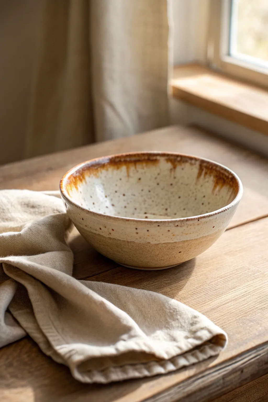 Classic speckled glaze bowl styling for a cozy, minimalist table with natural linen accents.
