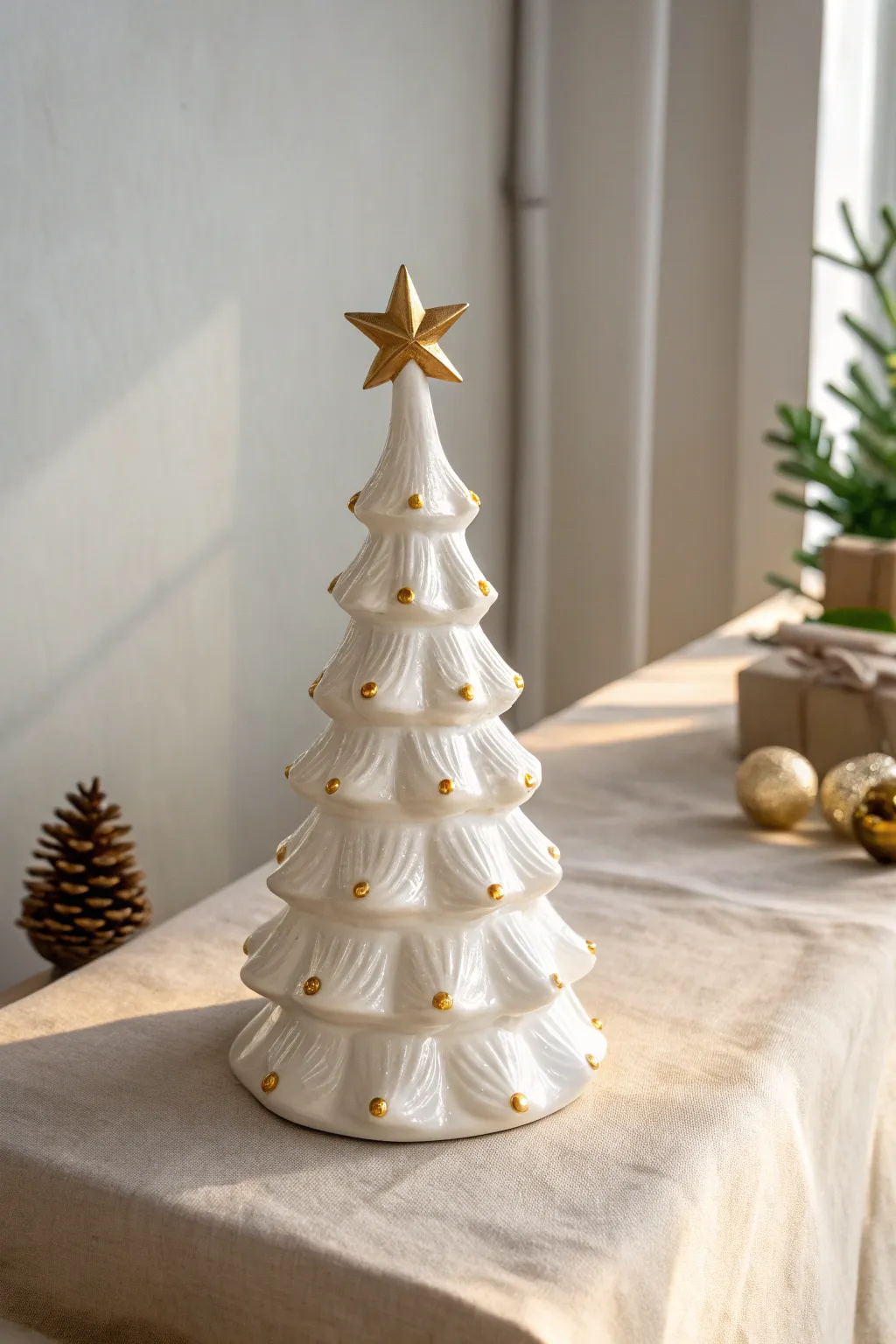 White ceramic tree with softly gold-tipped branches for a clean, modern holiday glow