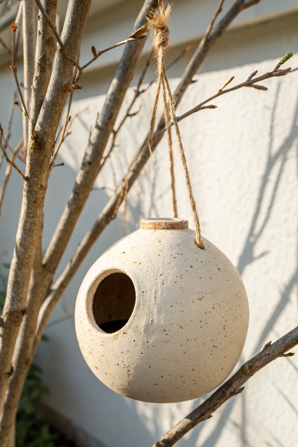 Minimal speckled ceramic orb birdhouse with top loop, hanging simply from a branch.