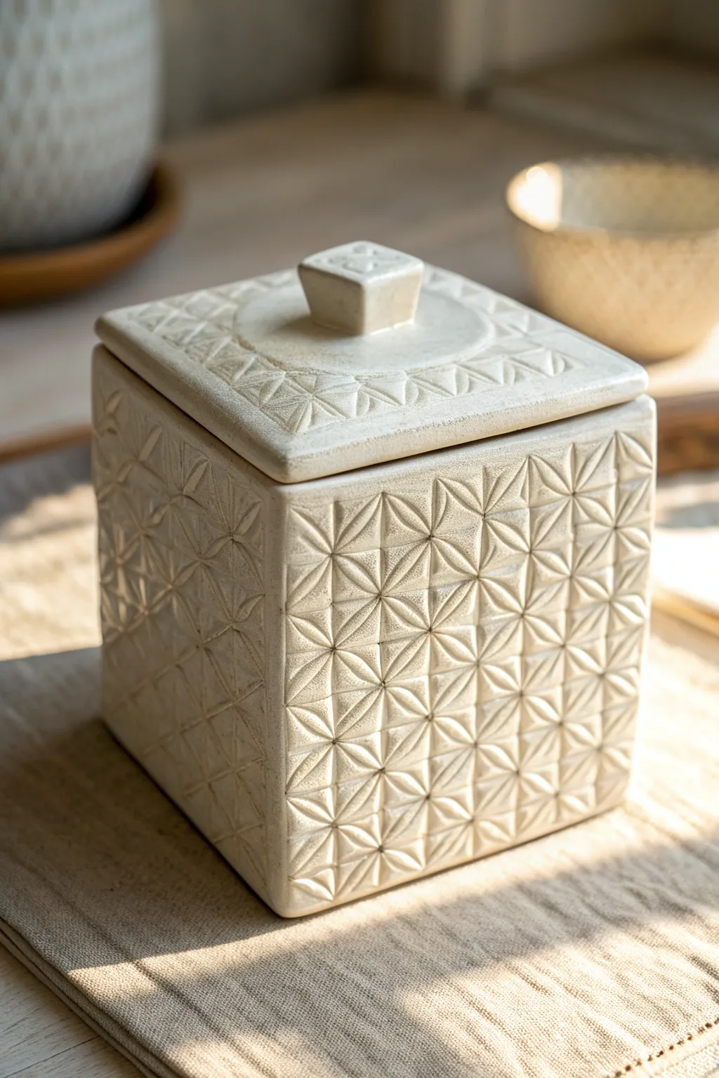 Stamp-textured ceramic cube box with a smooth lid, minimalist contrast and cozy boho warmth.