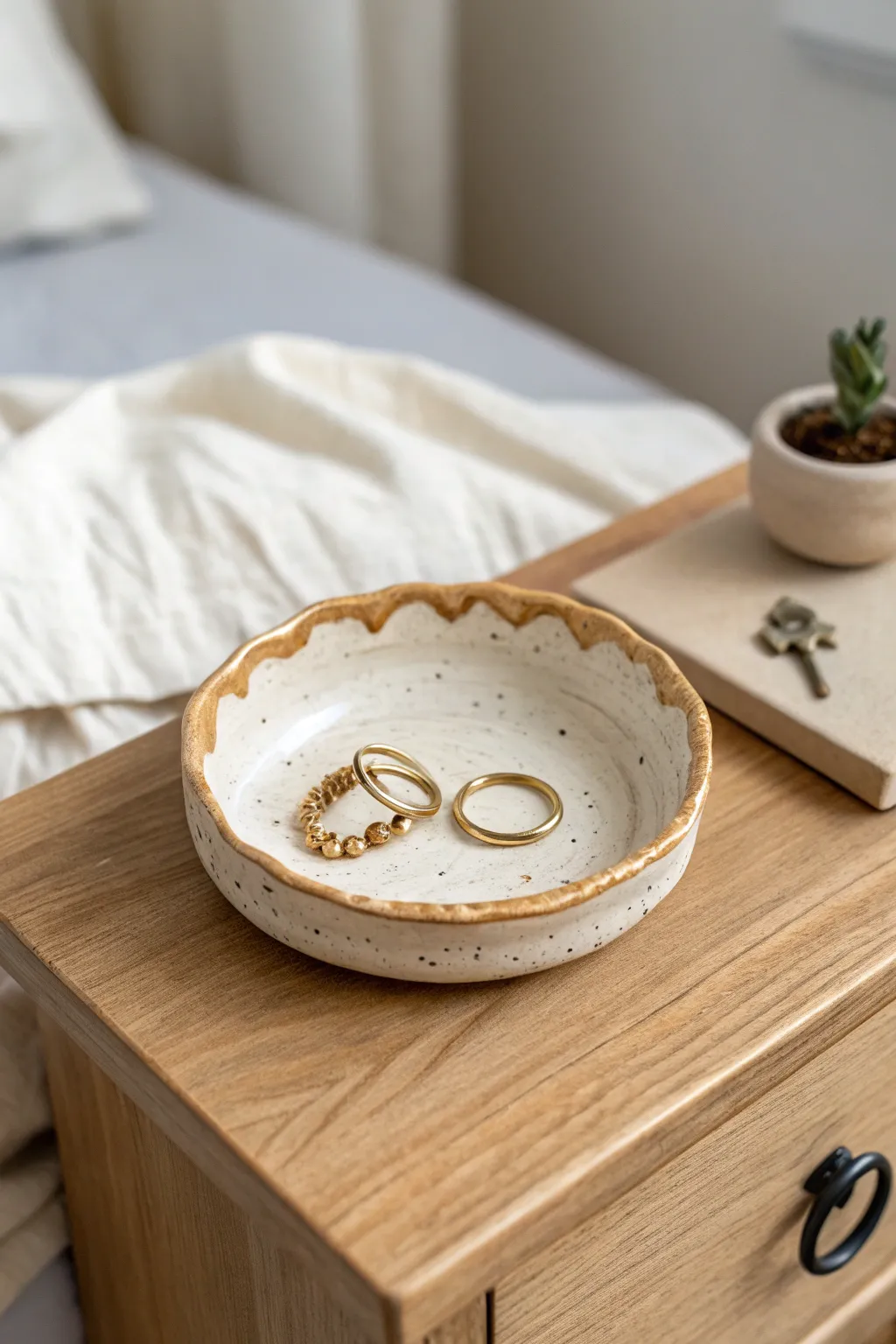 Minimal speckled trinket dish with wavy rim, perfect for rings and keys by the bedside.