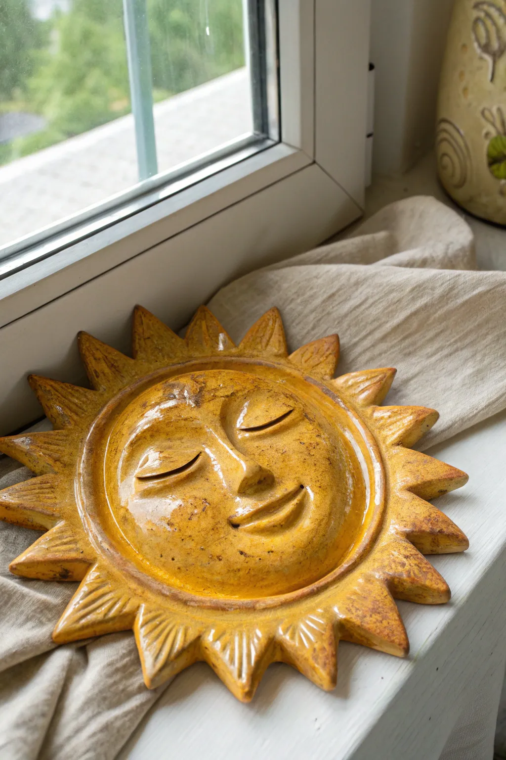 Warm sun face clay mask with chunky rays in honey yellow and terracotta on a soft linen backdrop