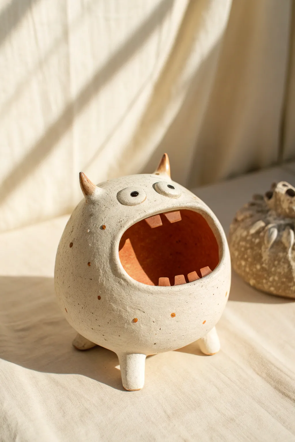 Playful pinch-pot monster with big mouth and tiny horns, minimalist Scandinavian vibe.