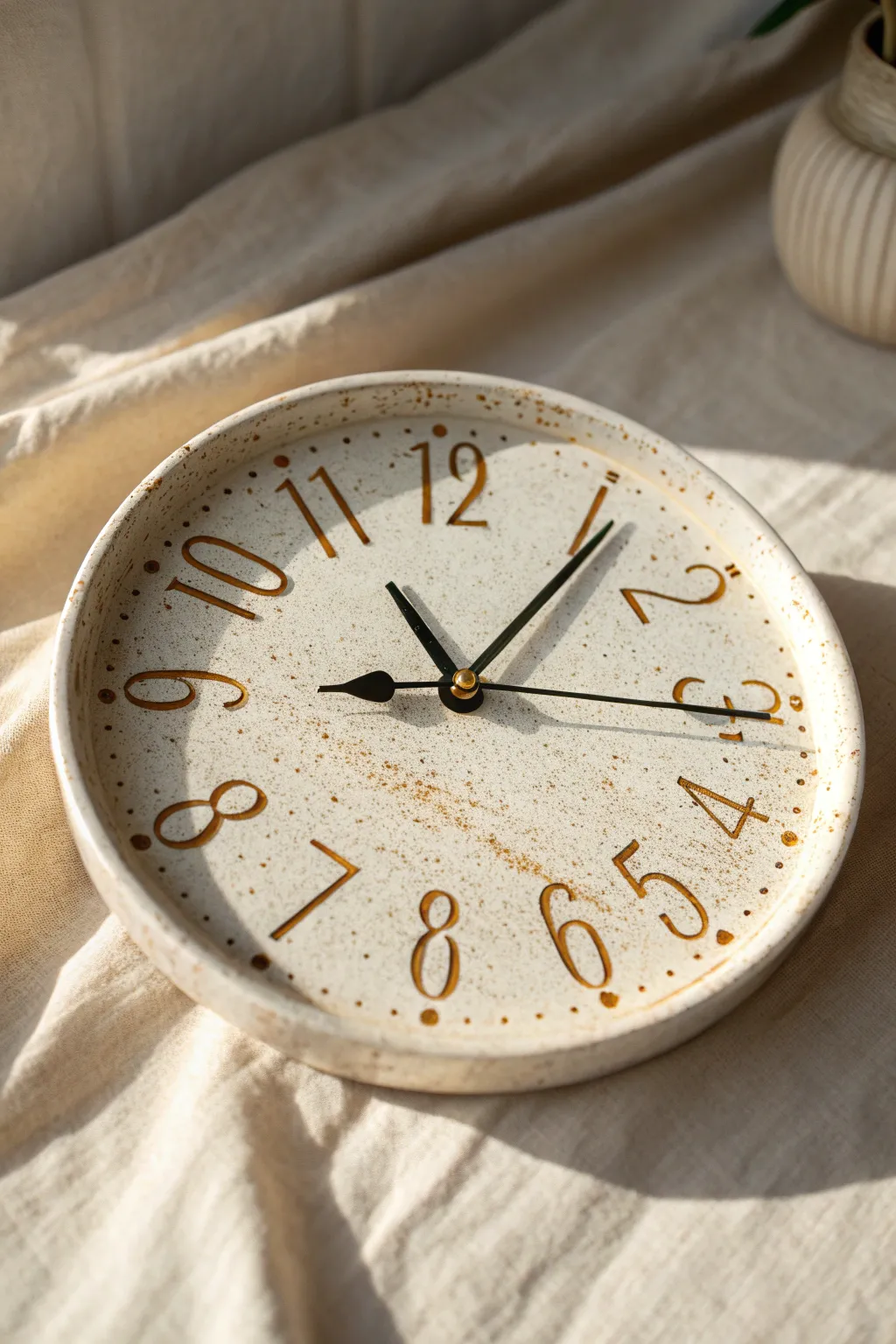 Crisp hand-stamped numerals and a speckled glaze give this ceramic clock calm, modern charm.