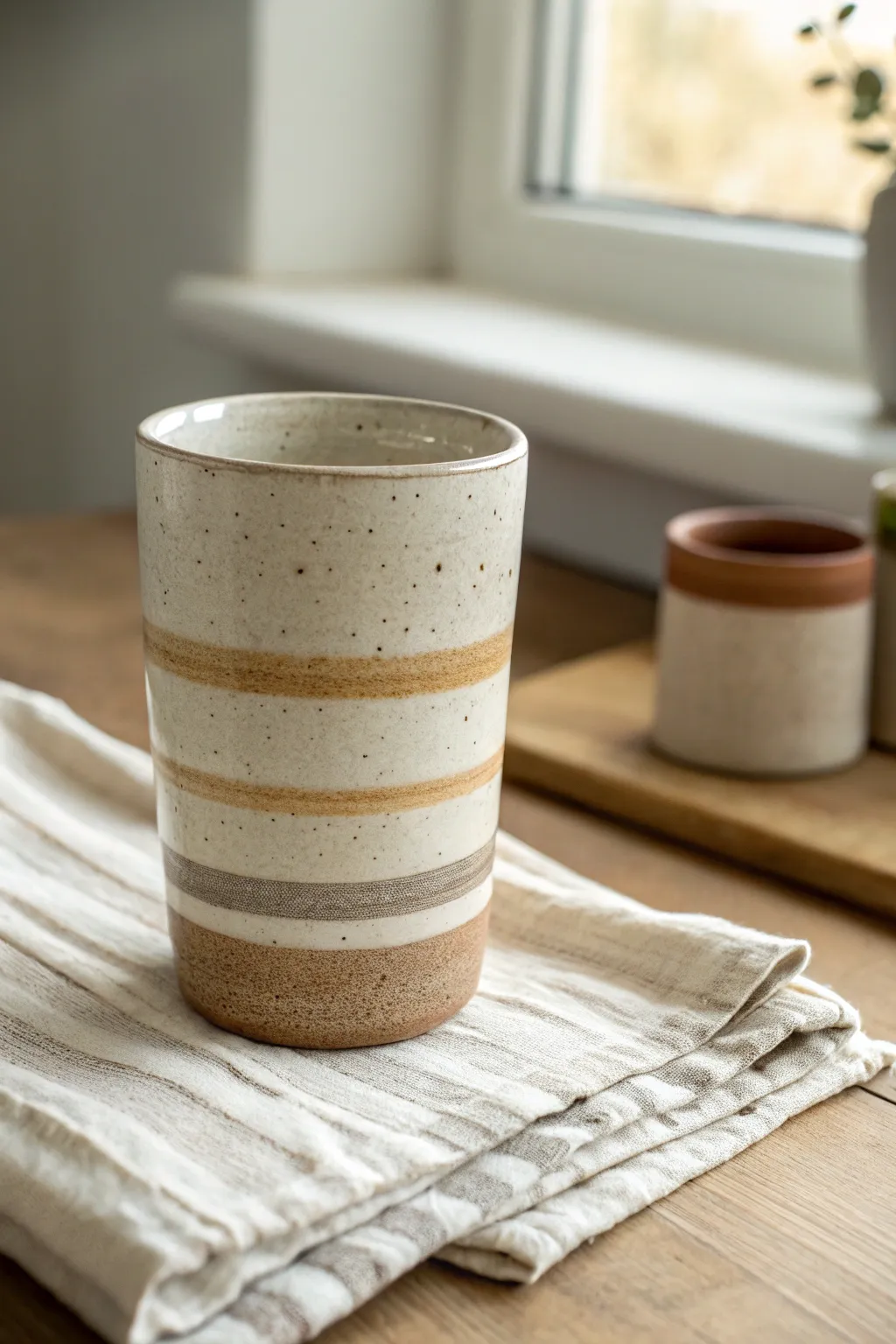 Crisp neutral stripes on a handmade ceramic tumbler for instant clean, minimalist bathroom style.