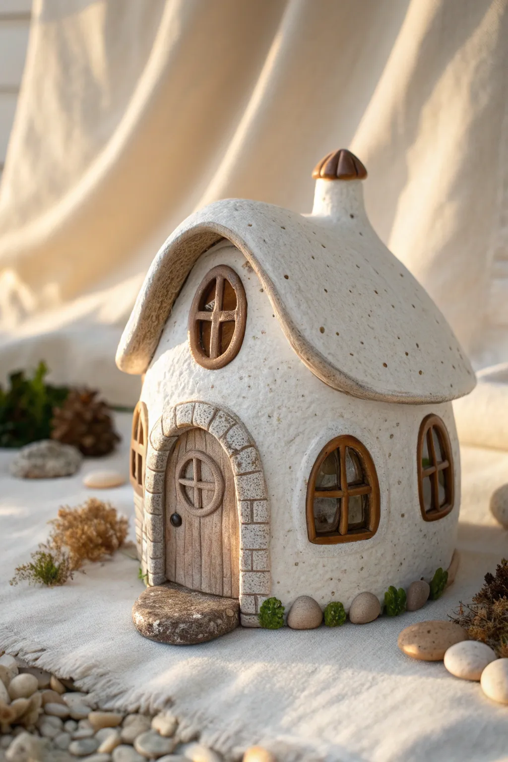 Whimsical ceramic cottage with curved roof and mossy accents for storybook home decor.