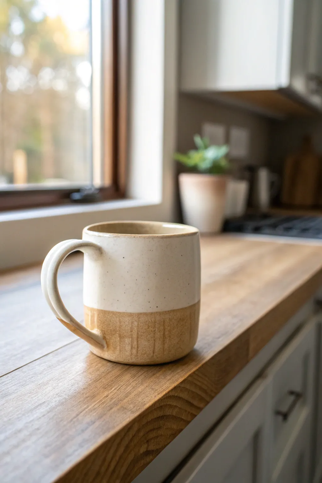 Slab-built mug with an oversized handle and calm two-tone glaze for cozy minimalist mornings.