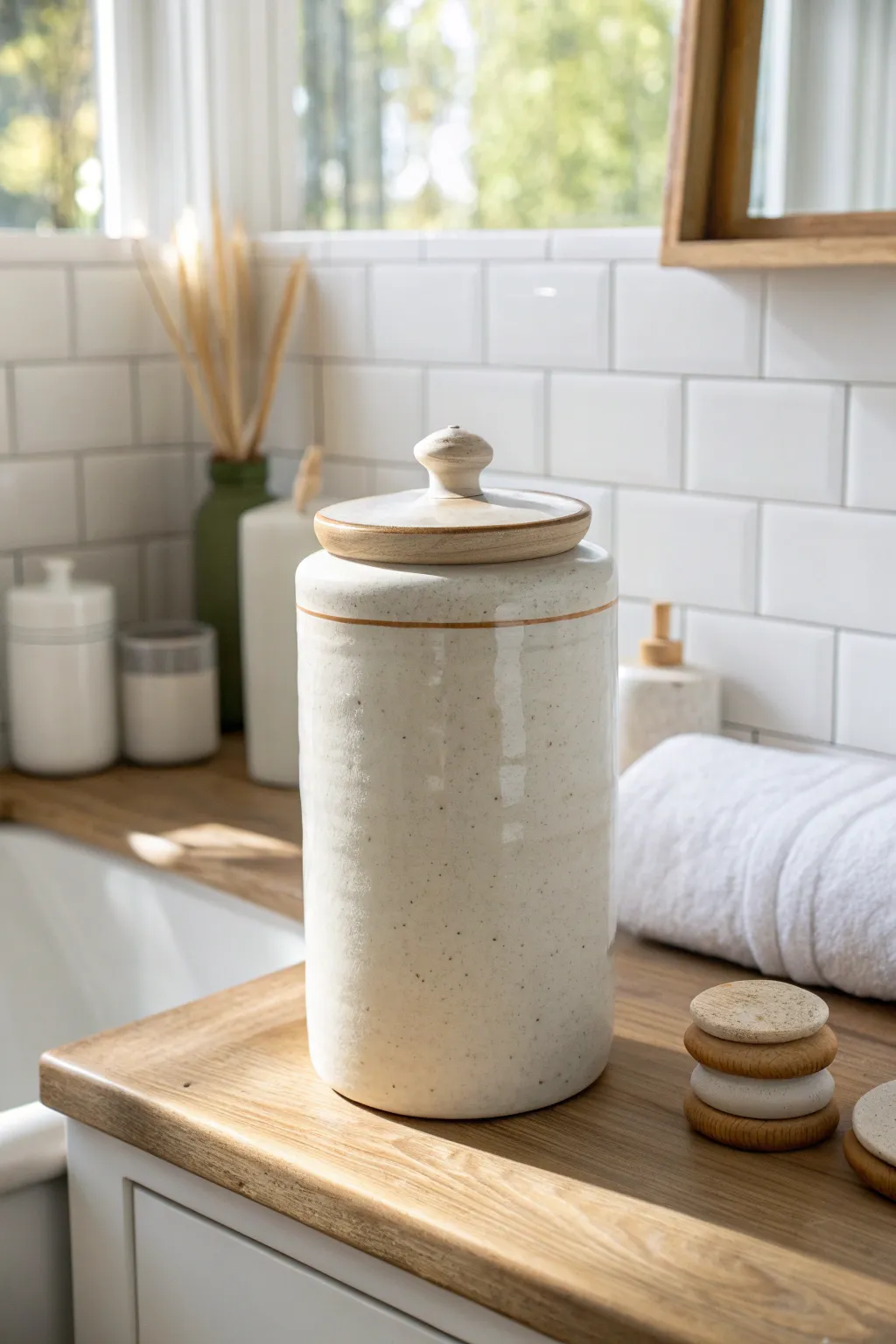 Minimal white ceramic jar for cotton swabs, a calm Scandinavian bathroom detail with boho warmth.