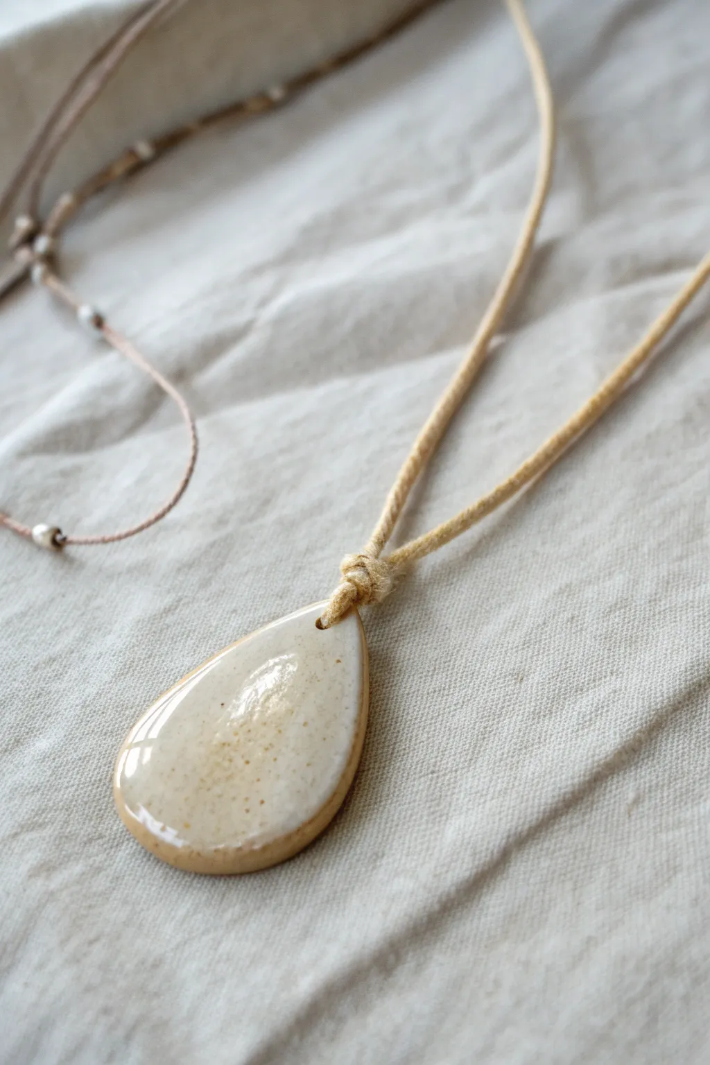 Organic teardrop ceramic pendant with clear glaze, minimal cord, and soft Scandinavian calm
