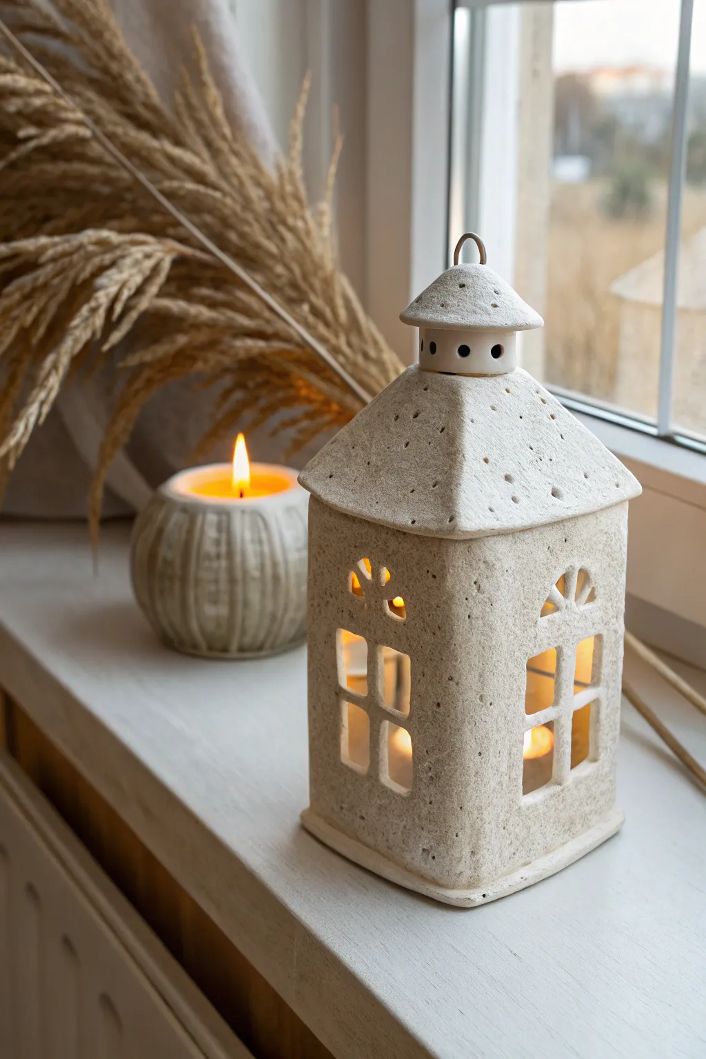 Cozy little house ceramic lantern with simple cut-out windows, glowing warmly on a mantel