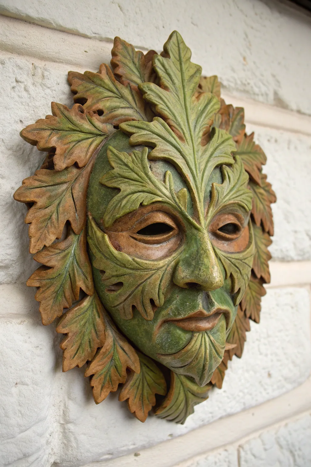 Earthy Green Man ceramic mask with subtle vines and leaf veins for a calm woodland accent