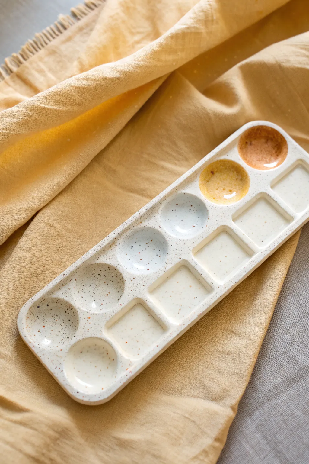 Rectangular ceramic palette with tidy wells and a sleek mixing strip for minimalist watercolor bliss.