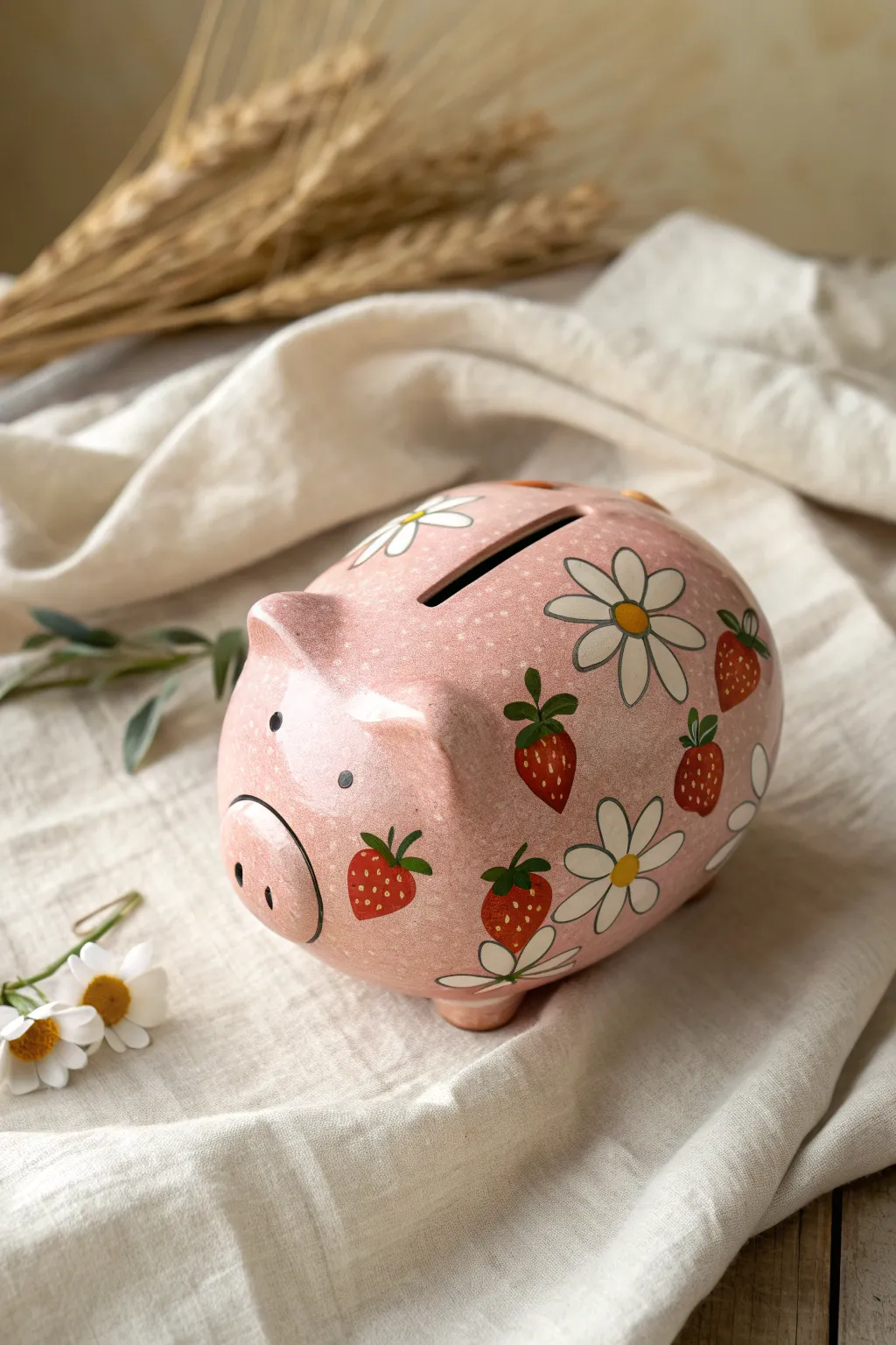 Cottagecore piggy bank in blush pink with strawberries and daisies, sweet and minimal.