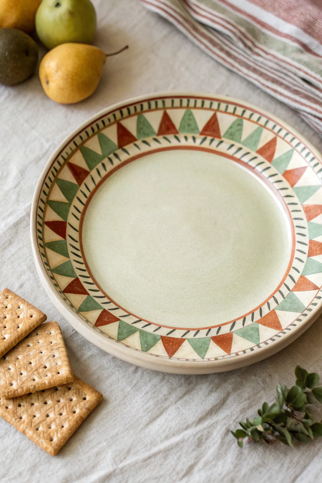 Muted geometric border bands give this round ceramic platter a modern, handmade Scandi-boho feel.