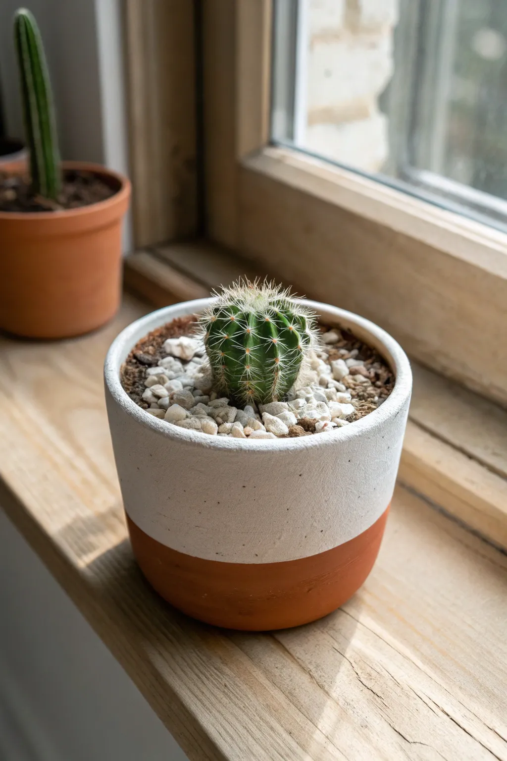 Minimal dipped two tone ceramic pot with a cactus, bright window light and clean Nordic calm