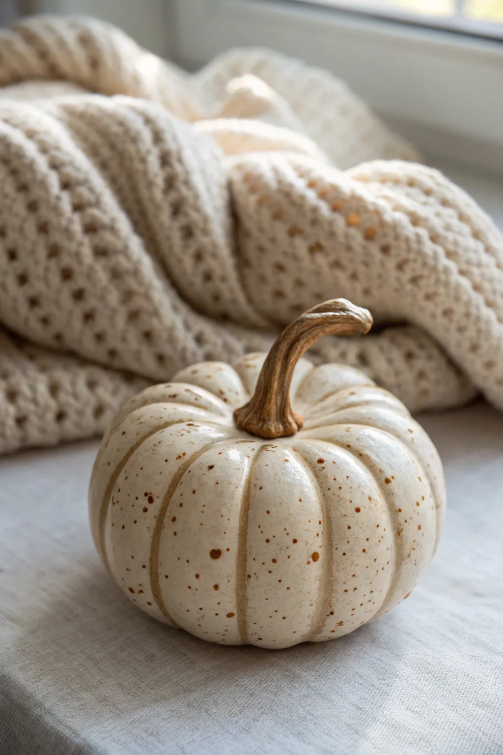 Neutral speckled stoneware pumpkin in creamy beige for a cozy Scandinavian autumn vibe