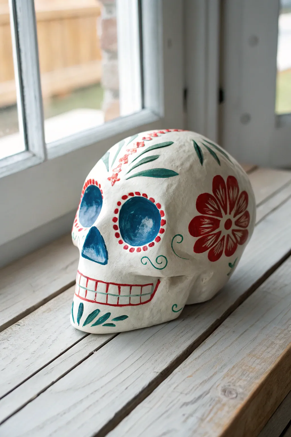 Clean white sugar skull with bold color blocks, minimalist styling, and crisp folk-inspired contrast