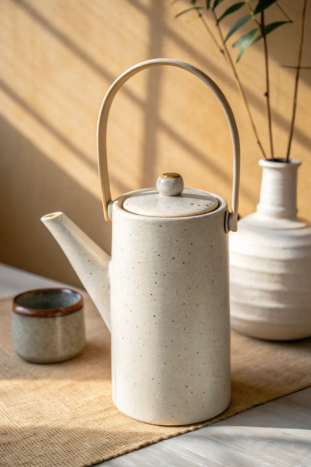 A tall ceramic teapot with a graceful gooseneck spout for calm, minimalist tea moments.
