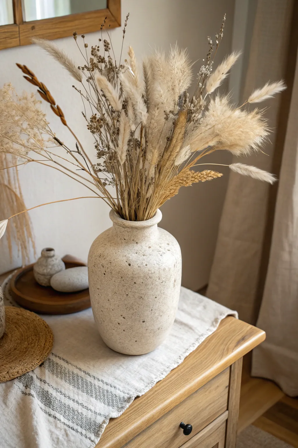 Sandy-beige ceramic vase with dried grasses for cozy, minimalist texture and warmth.