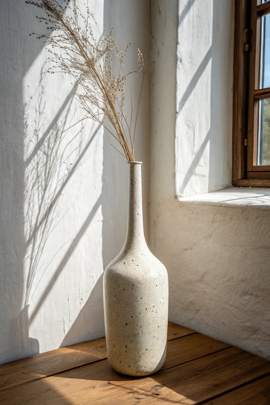 Tall bottle-neck ceramic vase styled with branches, a minimalist centerpiece for any room.