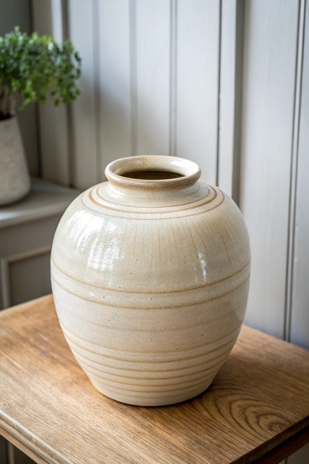 Rounded moon jar vessel with satin glaze and soft shadows, minimalist boho styling.