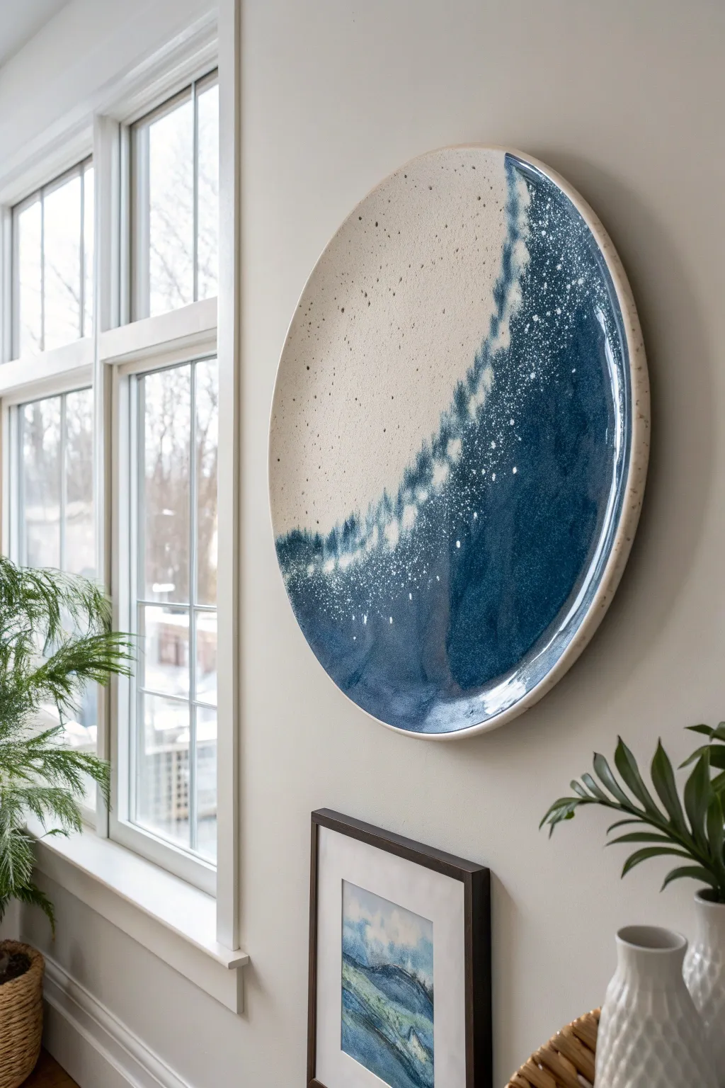 Oversized ceramic wall platter with bold indigo-to-white glaze for a modern statement piece