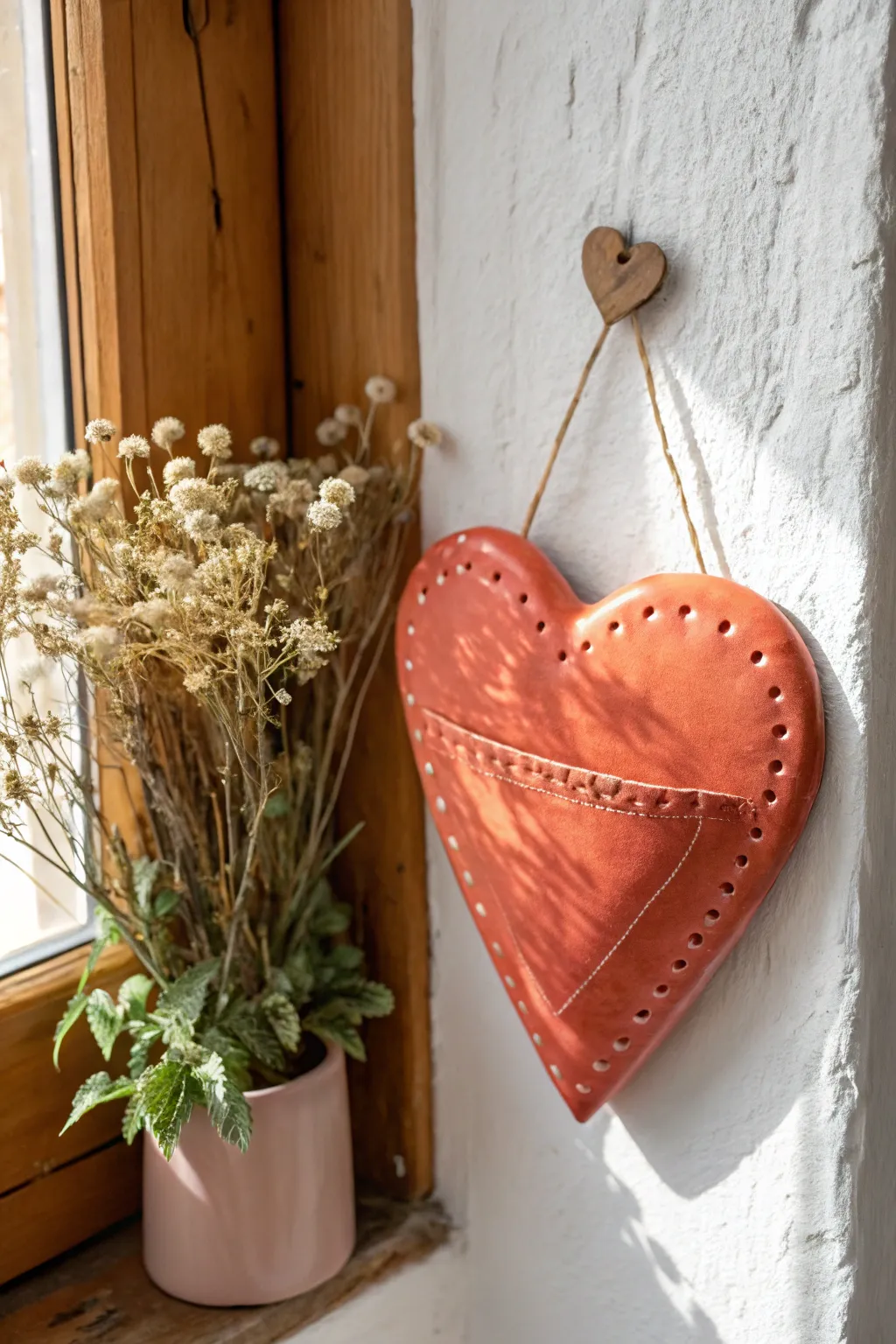 Glossy coral heart wall pocket with dried blooms, minimalist boho wall art for small spaces