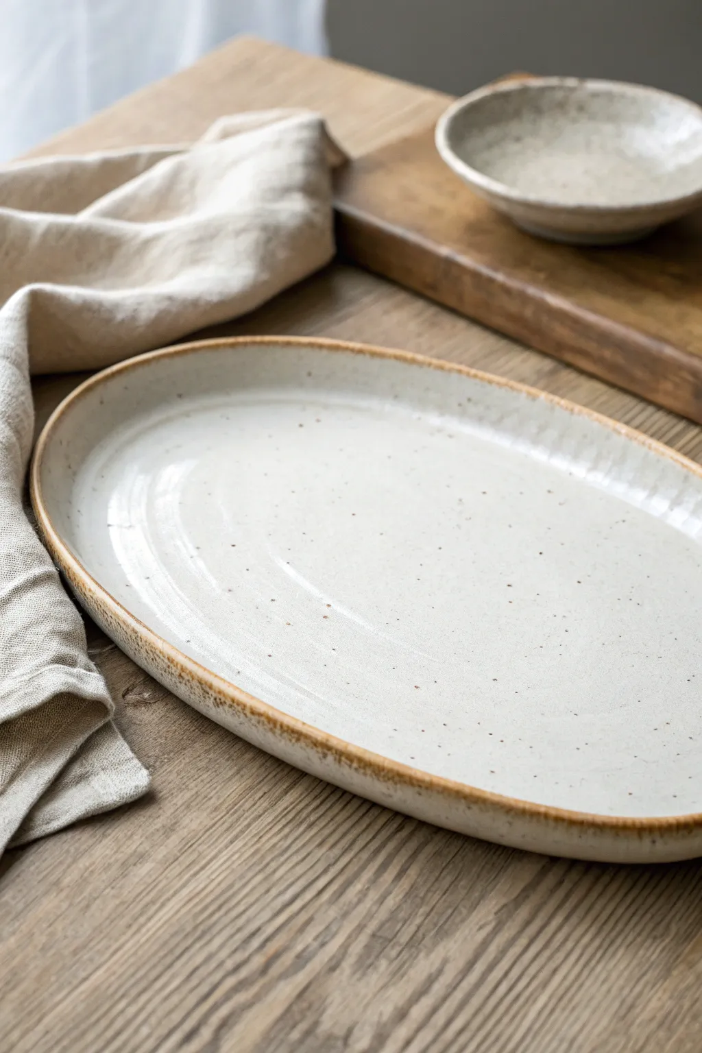 A textured slab-built serving platter, simply styled with linen for a calm Scandinavian-boho look.