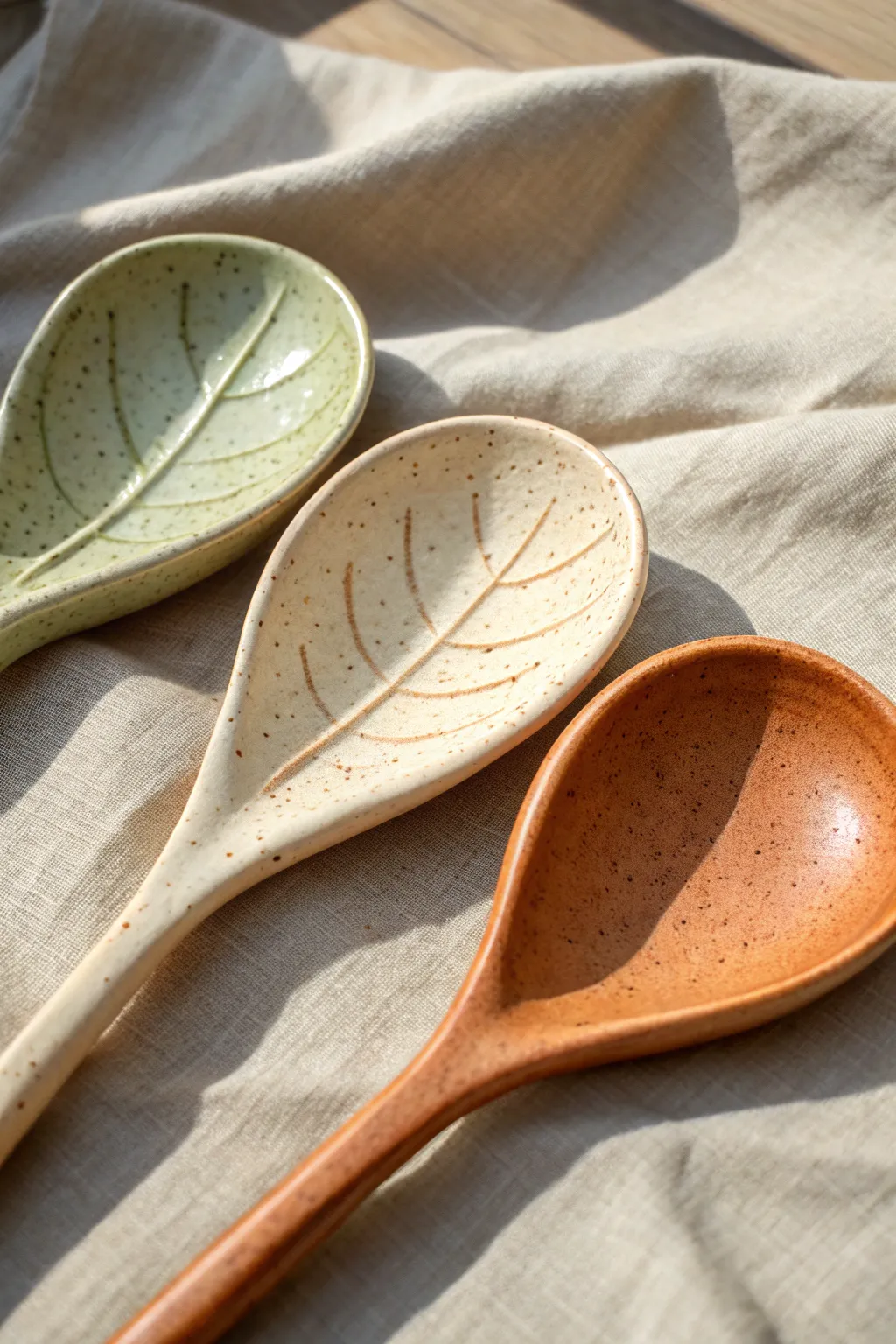 Minimal handmade ceramic spoon rests with glossy glaze pools for effortless stove-side style.