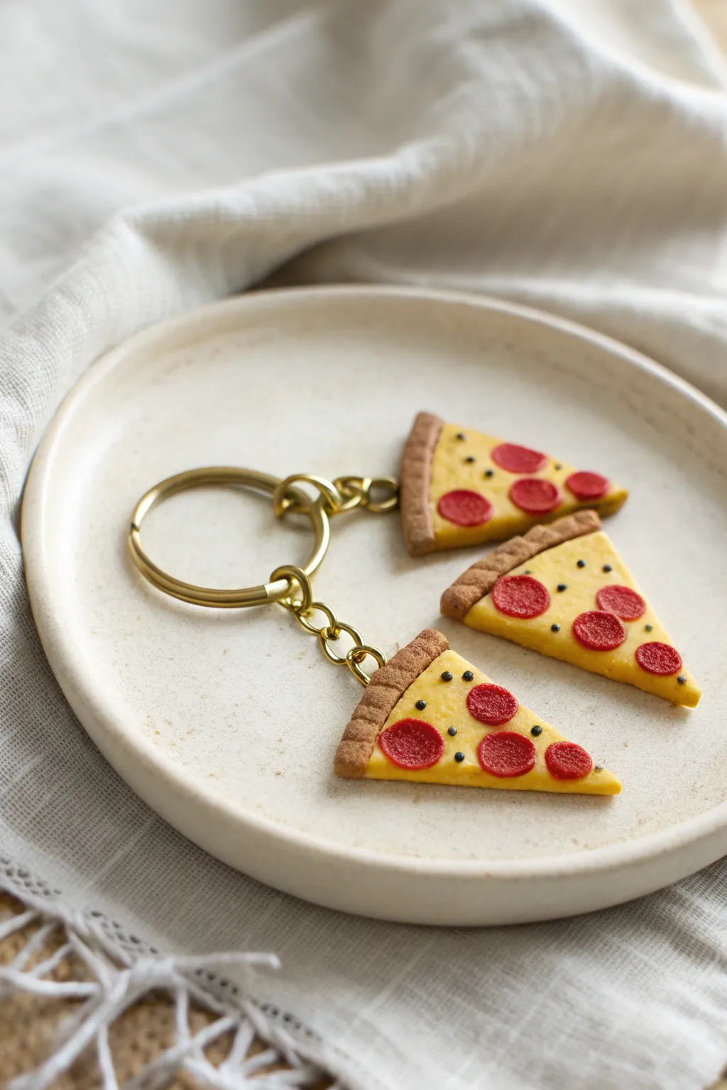 Cute tiny pizza slice charm trio on one keyring, warm reds and yellows, minimalist boho vibe